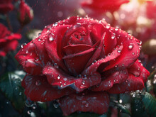 Beautiful Natural Red Rose Flower With Water Drops On The Petals, Generative AI, Generative Artificial Intelligence