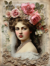 Romantic Victorian Woman With Pearl Necklace And Pink Roses Flower. Used Paper Background