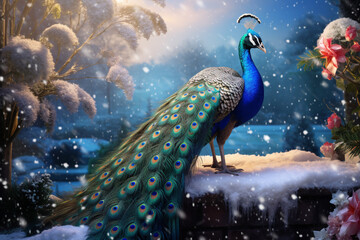 peacock in the snow. Generative AI.