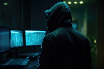 Back view of hacker wearing a hoodie sitting at their desk break into a secure network with their computer, AI generated