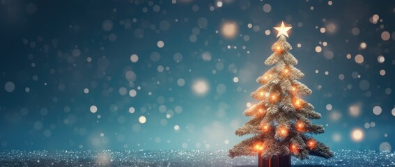christmas tree with lights and snowflakes on blue background 3d rendering