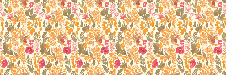 Wall Mural - Horizontal banner floral seamless pattern with leaves in orange, green purple colors in pastel shades