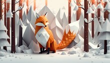 Origami 3d Wallpaper, Cute Fox On Snow Forest, Snowy, AI Generated