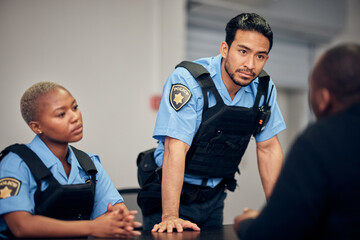 Poster - Interrogation, arrest and police team with a suspect for questions as law enforcement officers. Security, crime or investigation with a serious man and woman cop talking to a witness for information