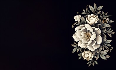  Composition of white peony flowers on a black background. Memorial, sad, condolences. AI generated