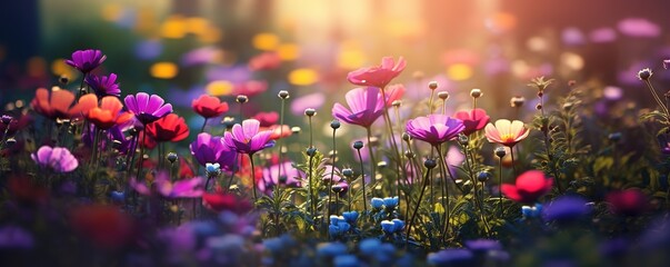 Multicolored flowers in meadow in grass with sunlight, spring summer panoramic view nature background photo soft focus illustration banner Generative AI