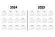 Calendar English 2024 and 2025 years. The week starts Sunday. Annual calendar 2024, 2025 template. Stationery vertical template in simple, minimal design.