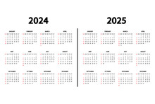 Calendar English 2024 And 2025 Years. The Week Starts Sunday. Annual Calendar 2024, 2025 Template. Stationery Vertical Template In Simple, Minimal Design.