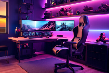 Interior of a modern gaming room with a lot of computer equipment neon lights