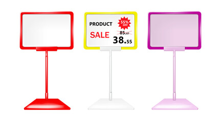 Wall Mural - Pop display stand isolated on white background color mock-up set. Shelf label for retail store vector mockup. Supermarket price tag holder board. Easy editable