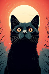 Retro style poster of a black cat against the moon. Digital illustration.