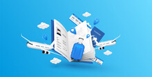 Airplane Is Taking Off From Passport. Luggage Blue, Air Ticket And Cloud Float Away. For Media Tourism Advertising Banner Design. Holiday Travel And Transport Concept. 3D Vector EPS10.