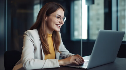 Professional female employee or a businesswoman using a laptop in a modern office. Copy space