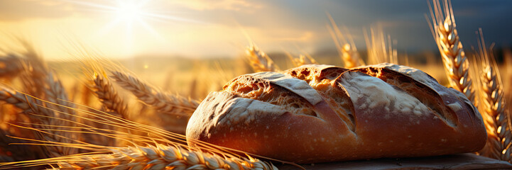 Wheat field with bread poster with copy space - Generative AI