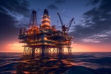 Oil And Gas Platform In The Middle Of The Sea At Sunset. Offshore Jack Up Rig On The Ocean In Twilight. Offshore Drilling For Gas And Petroleum At Sunset Time. Generative AI