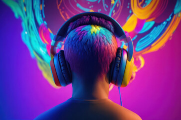 Wall Mural - the back of a man wearing big headphones Against the backdrop of various colors. The concept of hearing and sound imagination. Generative ai