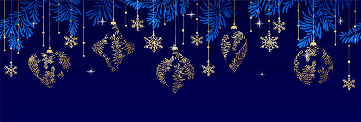 Wall Mural - christmas poster with pine branches and golden decor on dark blue background. new year illustration.