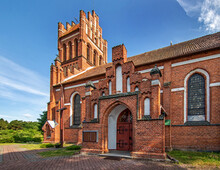 General View And Architectural Details Of The Neo-Gothic Catholic Church Of St. Joseph In Kobułty, Masuria, Poland.