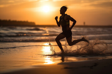 An athlete running from behind on a beach with a bokeh background of the ocean and sunset Athlete running, bokeh Generative AI