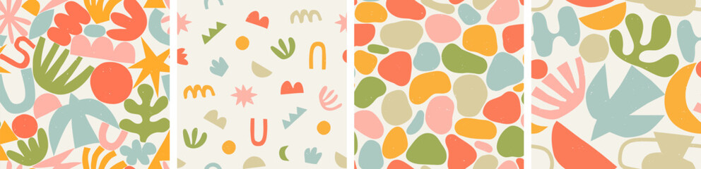 Abstract modern art seamless pattern set with colorful freehand doodles. Organic flat cartoon background collection, simple summer shapes in bright childish colors. 