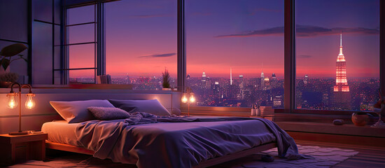 Illustration of a cozy modern high-rise penthouse apartment in New York with a cityscape view. The purple interior design is relaxing and chic.