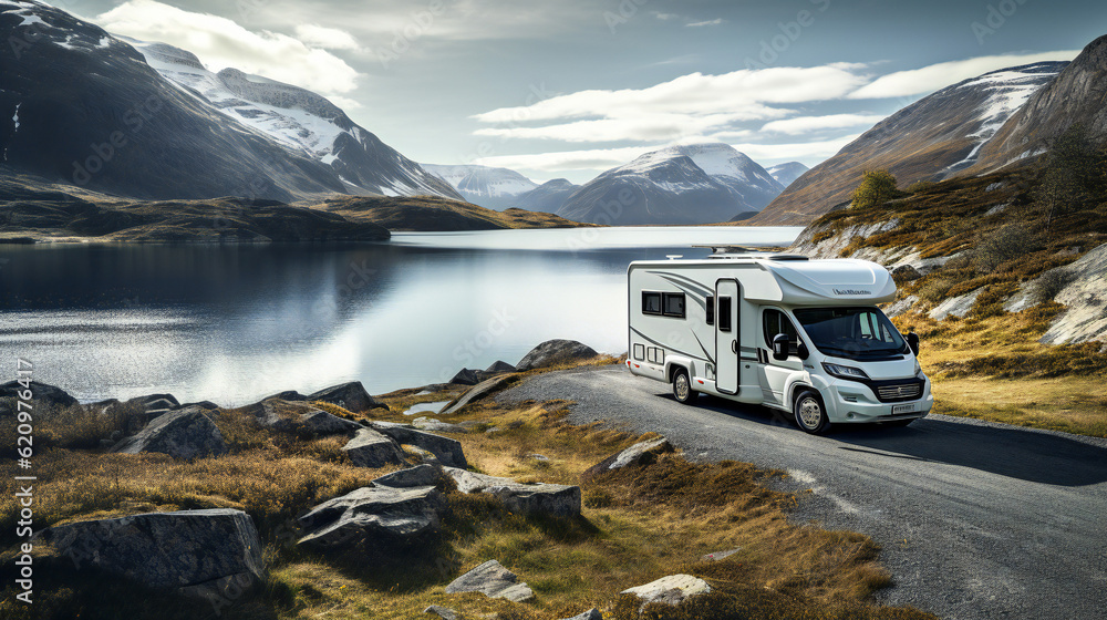 Camper parked at a Lake, mountains in background, Scandinavian Stock ...