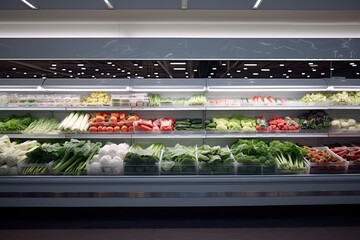 Wall Mural - Vibrant produce on display in a modern supermarket. Fresh fruits and vegetables in shelf. Generative AI