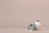 Fototapeta  - The man with beard wearinggray corduroy pants and white collar t-shirt. He is sit down.  3d illustrator of cartoon character in acting.