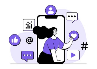 Wall Mural - Women waving hands at the audience on smartphone screen, social media marketing, digital marketing, endorsement, endorse, e-commerce, business concept flat illustration, social media campaign