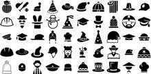 Mega Set Of Hat Icons Collection Hand-Drawn Linear Drawing Clip Art Birthday, Icon, Toque, Contractor Doodle Vector Illustration