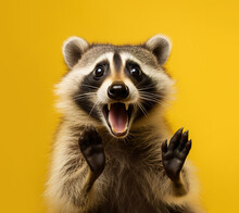 Raccoon Looking Surprised, Reacting Amazed, Impressed, Standing Over Yellow Background