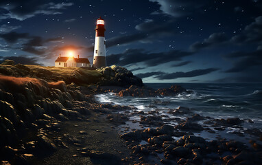 Wall Mural - Lighthouse in the night on the coast. Generative AI technology.