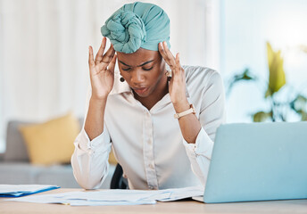 Canvas Print - Tax stress, paperwork and a black woman with a headache from a finance audit or accounting problem. Tired, business and an African corporate employee with anxiety about company financial budget