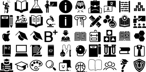 Big Collection Of Learn Icons Pack Flat Design Pictograms Study, Headline, Frame, Student Logotype Isolated On Transparent Background