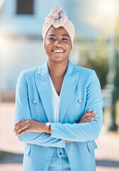 Wall Mural - City pride, portrait and a black woman with arms crossed for business or corporate work. Smile, professional and an African employee or girl with confidence and happiness about professional career