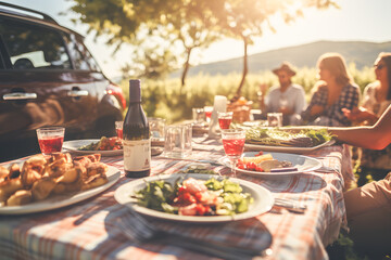 close up of picnic table and blured group of friends enjoying a road trip picnic by their parked cars, surrounded by beautiful nature and the open road ai generated art
