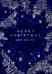 Wall Mural - vector vertical card of christmas background with branches of christmas tree and silver elements.