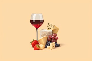 Wall Mural - Cheese in the form of a Valentines Day heart, berries, and a few glasses of red wine. made using generative AI tools