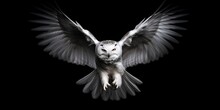 A Silhouette Of A Flying Owl Against A Background Of Complete Darkness. A Snowy Owl, Bubo Scandiacus, Flies With Its Wings Spread Wide. Arctic Owls Are Being Shot And Trapped. A Really Lovely White