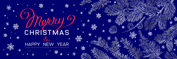 Wall Mural - christmas poster with silver pine branches on dark blue background. new year illustration. winter de