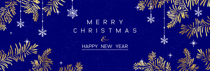 Wall Mural - Christmas Poster with golden pine branches on dark blue background. New year illustration. Winter design.