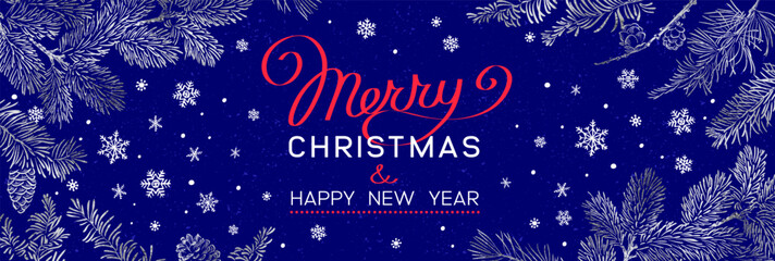 Wall Mural - christmas poster with silver pine branches on dark blue background. new year illustration. winter de