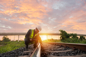 Asian engineer inspects trains Construction workers on the railway Engineer working on railway depot maintenance