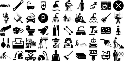 Massive Collection Of Cleaning Icons Collection Hand-Drawn Black Vector Pictogram Household, Laundered, Icon, Tool Symbols Isolated On White Background