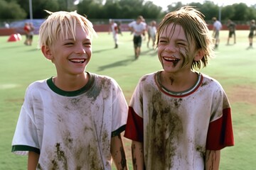 Wall Mural - Young football player playing football on football field  and their are dirty in dirt and grass stains. AI generated