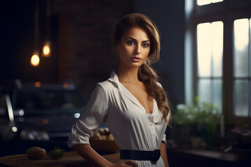 beautiful housewife at kitchen. luxury interior. ai generative