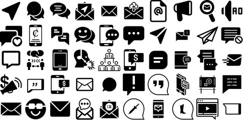 Mega Collection Of Message Icons Pack Hand-Drawn Black Simple Signs Icon, Optimization, Toque, Post Glyphs Isolated On White