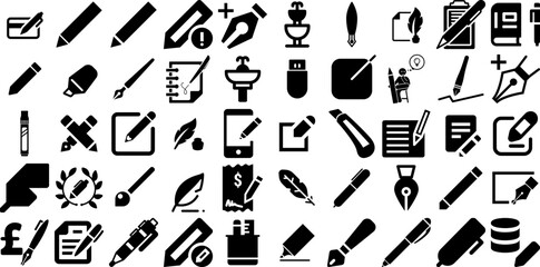 Wall Mural - Huge Collection Of Pen Icons Bundle Hand-Drawn Black Vector Web Icon Cosmetic, Tablet, Icon, Silhouette Doodles Isolated On White Background