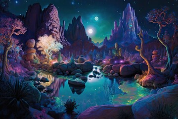Wall Mural - Fantasy landscape with fantasy forest, river and moon