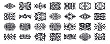 Set Of 16 Islamic Black Ornaments On Background In Vector. Asian New Year Gold Decorative Traditional Oriental Symbols. Circular Ornamental Arabic Symbols. Abstract Asian Elements Of The Kazakhs